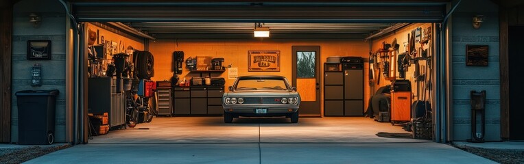 Sticker - A vintage car parked in a well-organized garage filled with tools and equipment.