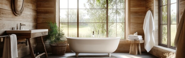 Wall Mural - A serene bathroom with a freestanding tub, wooden accents, and a view of nature.