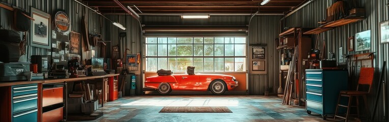 Sticker - A vintage car in a well-organized garage with tools and memorabilia.