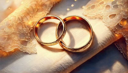 gold wedding rings on lace fabric background, top view