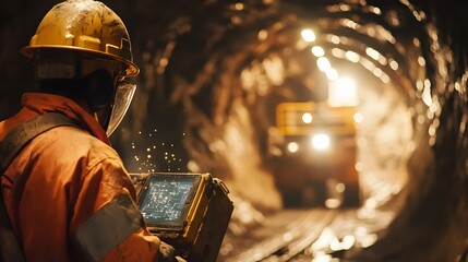 121. Close-up of miners using high-tech tools and machinery in a dimly lit underground tunnel to access and extract minerals