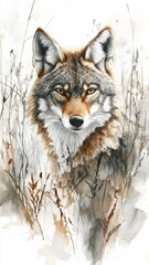 Watercolor illustration of a coyote, with soft hues blending into the natural scenery.