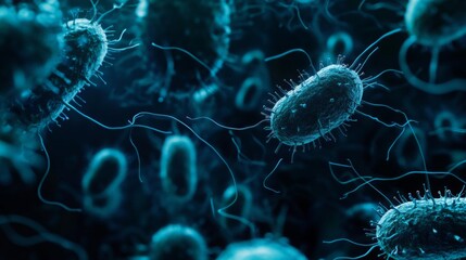 Fototapete - The image depicts a microscopic view of several bacteria floating in a dark blue liquid. The bacteria are elongated and have spiky appendages that extend outwards.