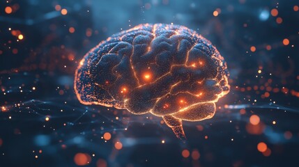 Poster - A detailed depiction of a brain model glowing with vibrant connections, set against a dark digital backdrop filled with particles and lights