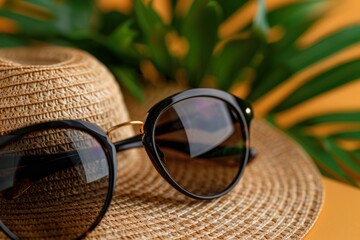 Poster - Tropical Summer Vacation: Close-Up of Straw Hat, Sunglasses, and Palm Tree Leaves on Wooden Table with Ocean Panorama Background - Perfect for Greeting Cards and Travel Banners