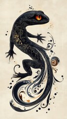 Wall Mural - A salamander depicted in Art Nouveau style, featuring elegant lines and intricate patterns that enhance its natural form.