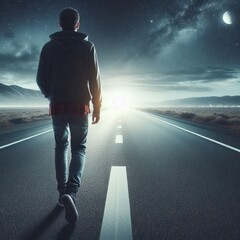 A man walking along a night road to a light in the distance.