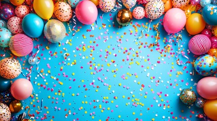 Colorful Balloons and Confetti on Blue Background