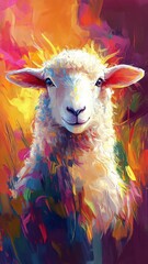 Sheep illustrated in Abstract Expressionism style, using bold strokes and vivid colors to convey its calm and serene nature.