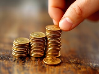 A hand placing a gold coin on top of a stack of coins, creating a growing graph of wealth.