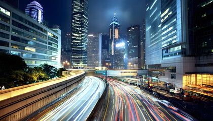 A bustling city at night, with skyscrapers illuminated and traffic creating streaks of light