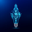 © Adisak - Digital spaceship rocket flies through light bulbs glow shapes polygon. Startup big idea creative launching product concept. Vector EPS10.