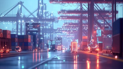 A futuristic port where every shipping container is tracked using blockchain technology, with glowing digital tags showing secure data.