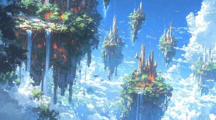 Fantastical floating city in the clouds with whimsical architecture and vibrant flora