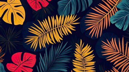 Wall Mural - Colorful tropical leaves on a dark background.