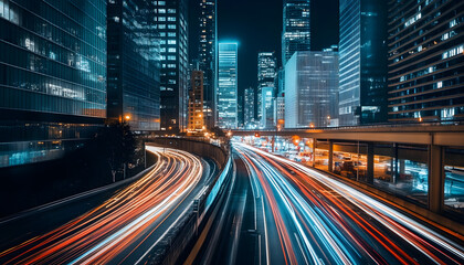 A bustling city at night, with skyscrapers illuminated and traffic creating streaks of light