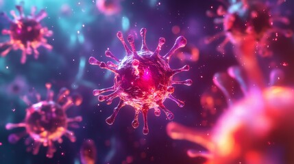 Aufkleber - A 3D illustration of a coronavirus, surrounded by other smaller viruses and a blurred background of purple, pink, and blue hues.
