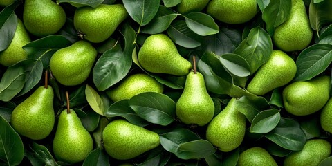 Poster - A fresh arrangement of vibrant green pears surrounded by lush green leaves. This image captures the essence of natural beauty, ideal for food or health content. AI