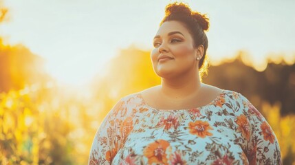 A confident plus size woman stands in a vibrant field, soaking up the warm sunlight against the backdrop of a beautiful sunset