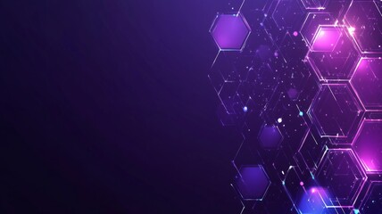 Abstract Vector Background with Glowing Hexagons and Cubes on a Dark Blue-Purple Gradient, Conveying Blockchain Technology Concept with Copy Space in a Futuristic Design 