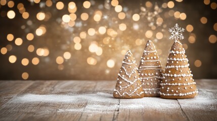 Gingerbread trees decorated with icing stand proudly on a wooden table, surrounded by warm bokeh lights for the holiday season