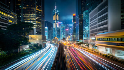 A bustling city at night, with skyscrapers illuminated and traffic creating streaks of light