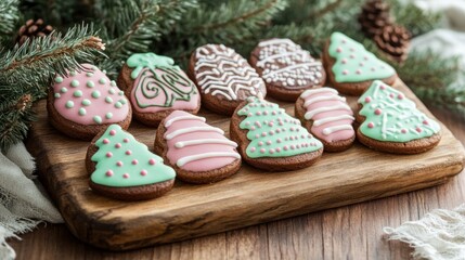 Wall Mural - Delicious holiday cookies in vibrant icing shapes are arranged on a wooden board, capturing the essence of the festive season