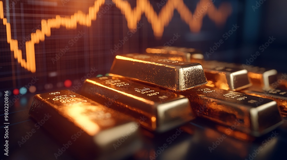 Piles of gold bars in focus with a blurred financial graph showing ...