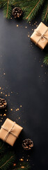 Wall Mural - a black background with two brown boxes and pine cones. the boxes are wrapped in brown paper and hav