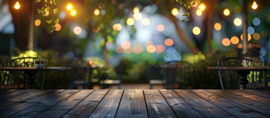 Wall Mural - outside restaurant chair table on a dark wood floor outdoors with glare light blur background