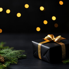 A black box with a gold ribbon sits on a table with pine needles. The box is wrapped in gold and silver, and the pine needles add a festive touch to the scene. Concept of celebration and joy