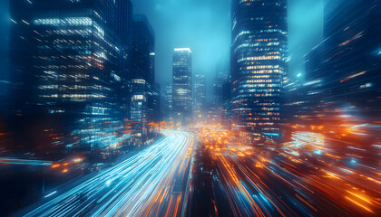 A bustling city at night, with skyscrapers illuminated and traffic creating streaks of light