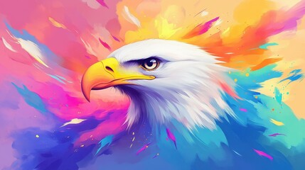 Poster - A vibrant digital portrait of an eagle, showcasing expressive colors and a modern artistic style against a green backdrop.