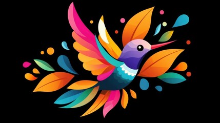 Wall Mural - Bright and vibrant vector art of a hummingbird set against a sleek black background, showcasing modern cartoon textures.