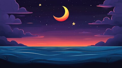 Canvas Print - Dive into a charming cartoon seascape, where a midnight sky dances with stars and the moon reflects on calm waters.