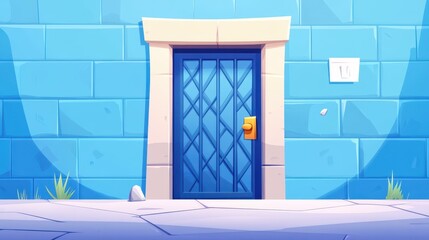 Wall Mural - A whimsical cartoon wall features a cracked lattice gate, perfect for game design with charming D textures.