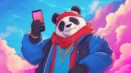 Poster - A trendy panda takes a selfie in a vivid, cartoon world, sporting a chic red bandana and a blue jacket.