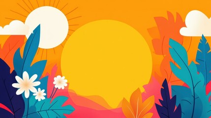 Poster - Bright and vibrant summer background filled with tropical leaves and a shining sun, perfect for fresh and fun designs.