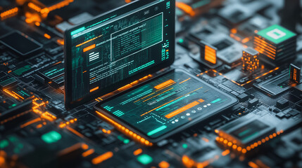Wall Mural - a computer monitor is displayed on a circuit board with many other electronic components. concept of