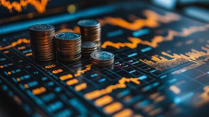 Wall Mural - A stack of coins is on top of a computer screen with a graph. The graph shows a downward trend, and the coins are placed on top of it to represent the value of the currency