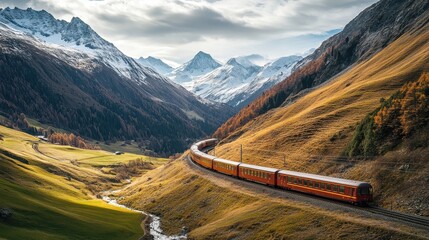 Wall Mural - Red Train Winding Through Majestic Alps