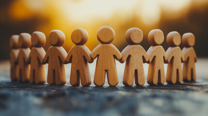 A group of wooden people holding hands in a circle. The people are all different sizes and are arranged in a circle. Scene is one of unity and togetherness