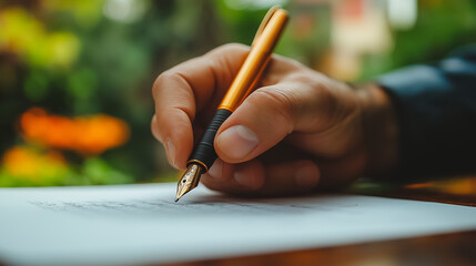 A person is writing with a pen on a piece of paper. Concept of focus and concentration as the person carefully writes. The act of writing can be seen as a form of self-expression or communication