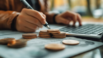 Wall Mural - A person is writing on a piece of paper with a pen, and there are several coins on the table. Concept of financial planning or budgeting, as the person is likely writing down their expenses or income