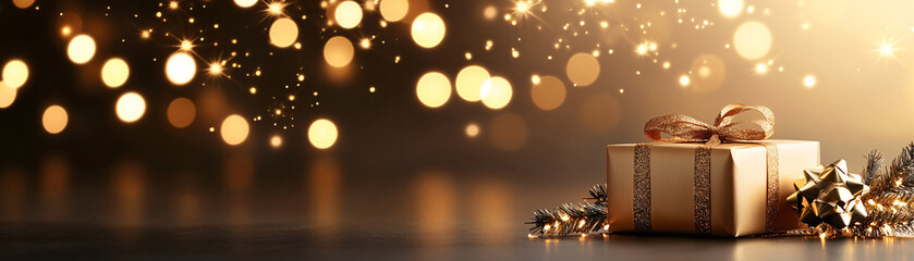 Wall Mural - a gold box with a bow on top of it is placed on a dark background. the box is surrounded by glitter,