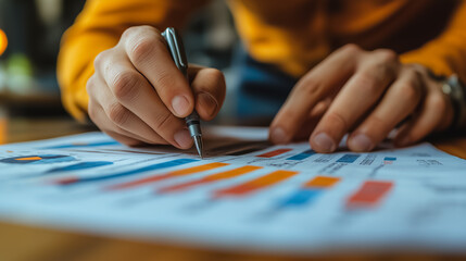 A person is writing on a piece of paper with a pen. The paper has a lot of numbers and graphs on it. The person seems to be focused on the task at hand, possibly working on a project or analyzing data