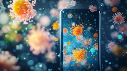 Leinwandbilder - A smartphone is showcased amidst a vibrant array of colorful virus illustrations floating around it, highlighting the intersection of technology and health in a visually striking manner.