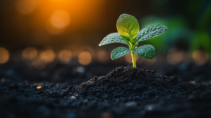 A small plant is growing in the dirt. The plant is green and has a lot of water on it. The image has a mood of growth and life