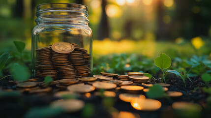 Wall Mural - A jar full of coins is on the ground