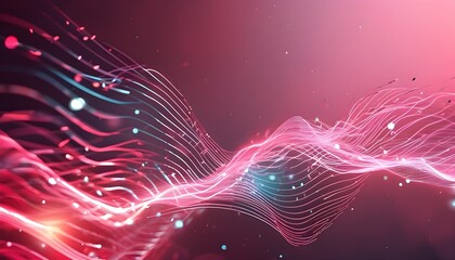 Wall Mural - Vibrant abstract pink backdrop adorned with luminous holographic dots and fluid wavy lines